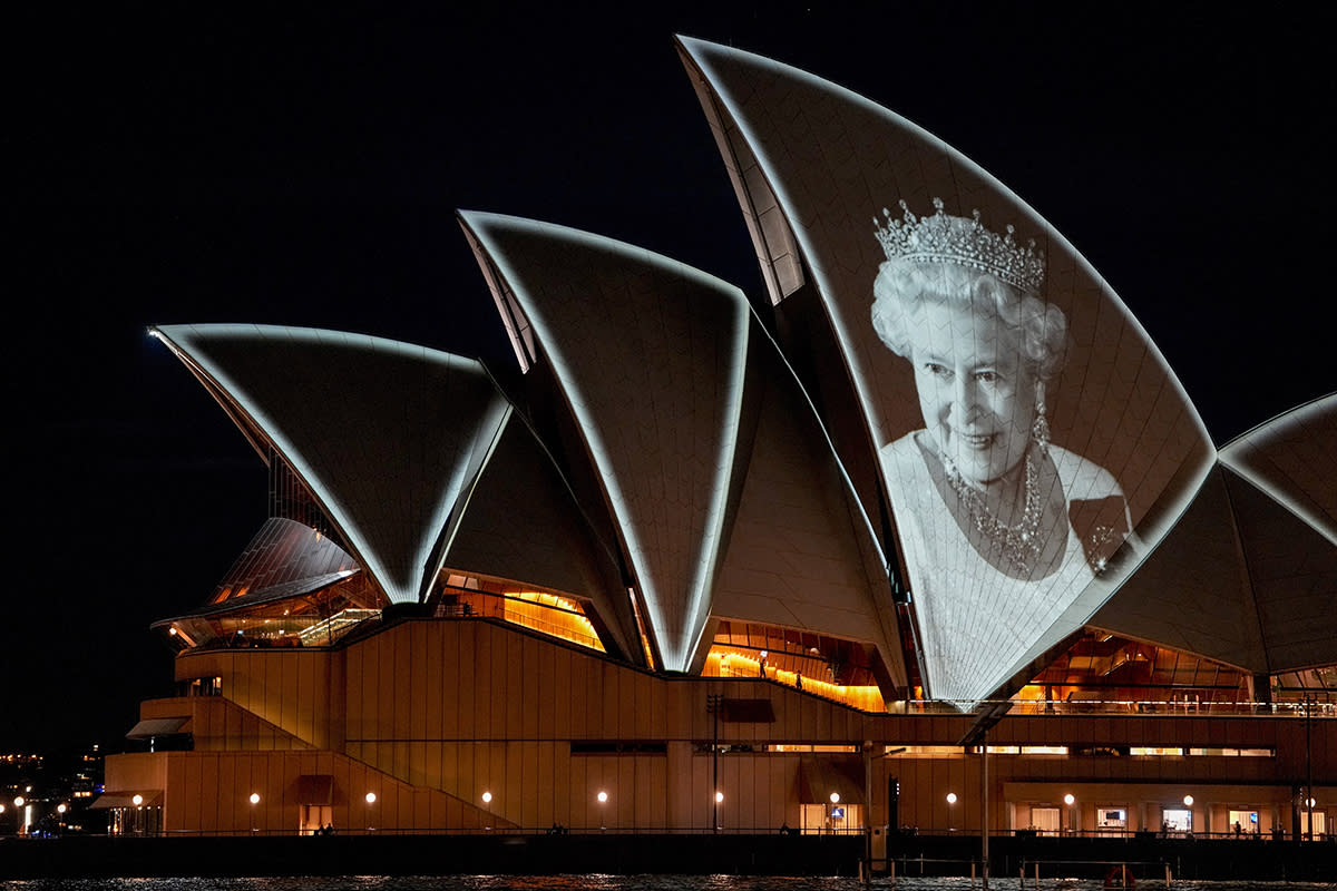 Sydney Opera House sails lit up with image of Queen Elizabeth ll