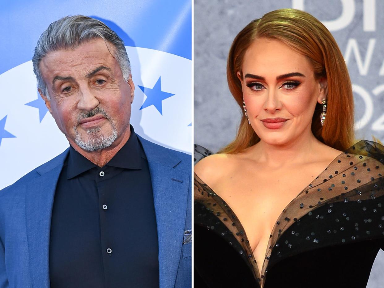 A composite of Sylvester Stallone wearing a light blue blazer and a dark blue button-down shirt and Adele wearing an open-front black dress and earrings.