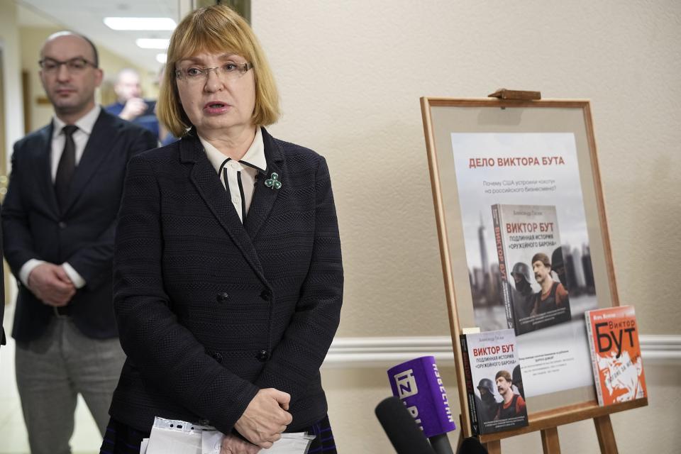 Viktor Bout's wife, Alla, speaks to journalists during an opening of exhibition of artworks by her husband, Russian businessman Viktor Bout, who was sentenced to 25 years in the United States, at the Federation Council of the Federal Assembly of the Russian Federation in Moscow, Russia, Tuesday, Nov. 15, 2022. Russia has sought Bout's release for years and he is believed to be key to a possible prisoner exchange that could free US women's basketball star Brittney Griner. (AP Photo/Alexander Zemlianichenko)