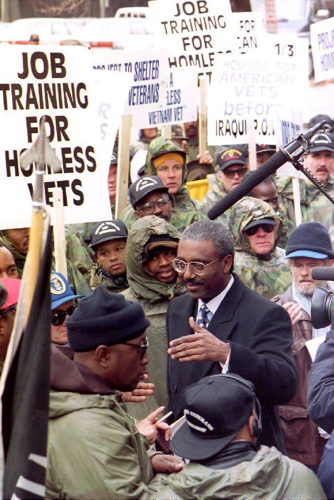 Took office: Jan. 22, 1993  Left office: July 1, 1997  U.S. Veterans Affairs Secretary Jesse Brown (C) speaks to a crowd of homeless veterans after they marched from the front of the White House to the Veterans Affairs Building on February 24, 1994 in Washington, D.C. (PAUL J. RICHARDS/AFP/Getty Images)