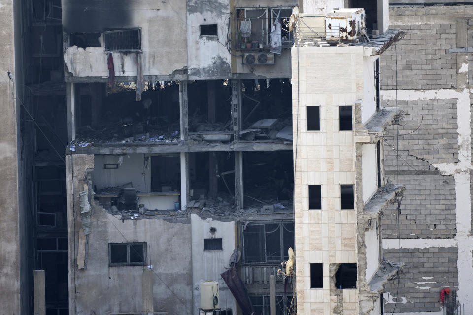 The damaged apartment of Taiseer al-Jabari the Islamic Jihad commander for northern Gaza, following an Israeli airstrikes, in Gaza City, Friday, Aug. 5, 2022. Palestinian officials say Israeli airstrikes on Gaza have killed several people, including a senior militant, and wounded 40 others. (AP Photo/Adel Hana)