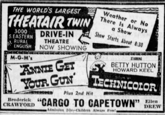 An advertisement in the July 25, 1950 edition of the Indianapolis News for the "world's largest" Theatair Twin.