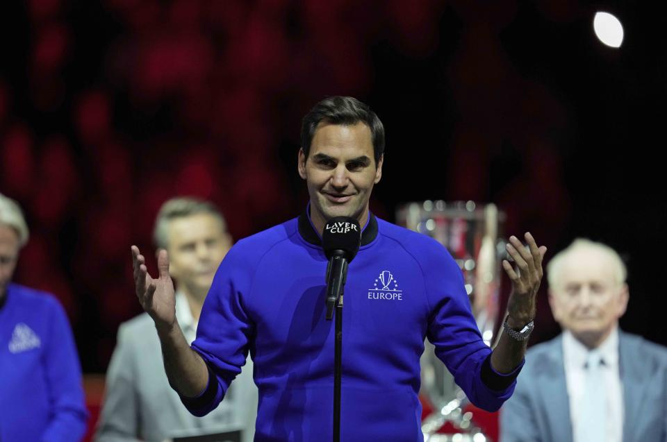 Team Europe's Roger Federer speaks at the end of the Laver Cup tennis tournament in London, Sunday, Sept. 25, 2022. (AP Photo/Kin Cheung)