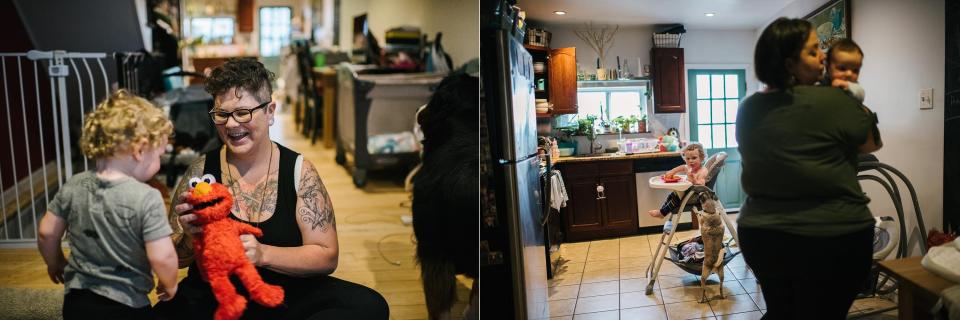 Left: Des plays with their son, August Garcia-Stage, at their home on June 20, 2019. Right:&nbsp;Gus eats lunch while Fel holds their daughter, Theodora Garcia-Stage. (Photo: Hannah Yoon for HuffPost)