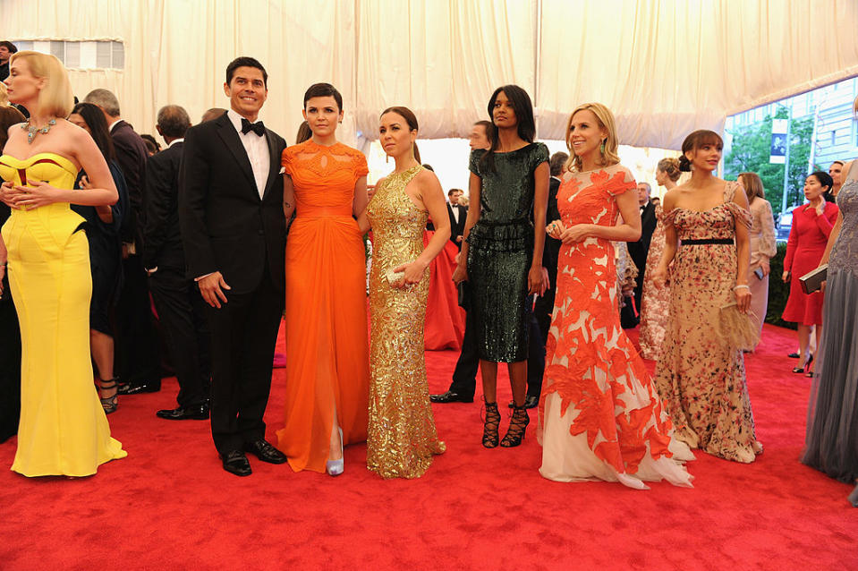 Tom Bugbee, actress Ginnifer Goodwin, designer Monique Lhuillier and designer Tory Burch attend the "Schiaparelli And Prada: Impossible Conversations" Costume Institute Gala at the Metropolitan Museum of Art on May 7, 2012 in New York City.