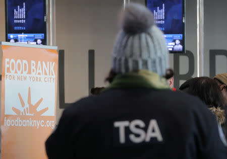 A Transportation Security Administration (TSA) employee receives a donation at a food distribution center for federal workers impacted by the government shutdown, at the Barclays Center in the Brooklyn borough of New York, U.S., January 22, 2019. REUTERS/Brendan McDermid