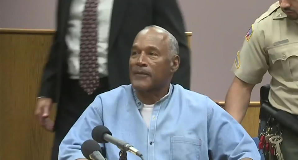 <p>Screen grab of O.J. Simpson after he is granted parole at his hearing at the Lovelock Correctional Center in Lovelock, Nev., on Thursday, July 20, 2017. (Yahoo News video) </p>