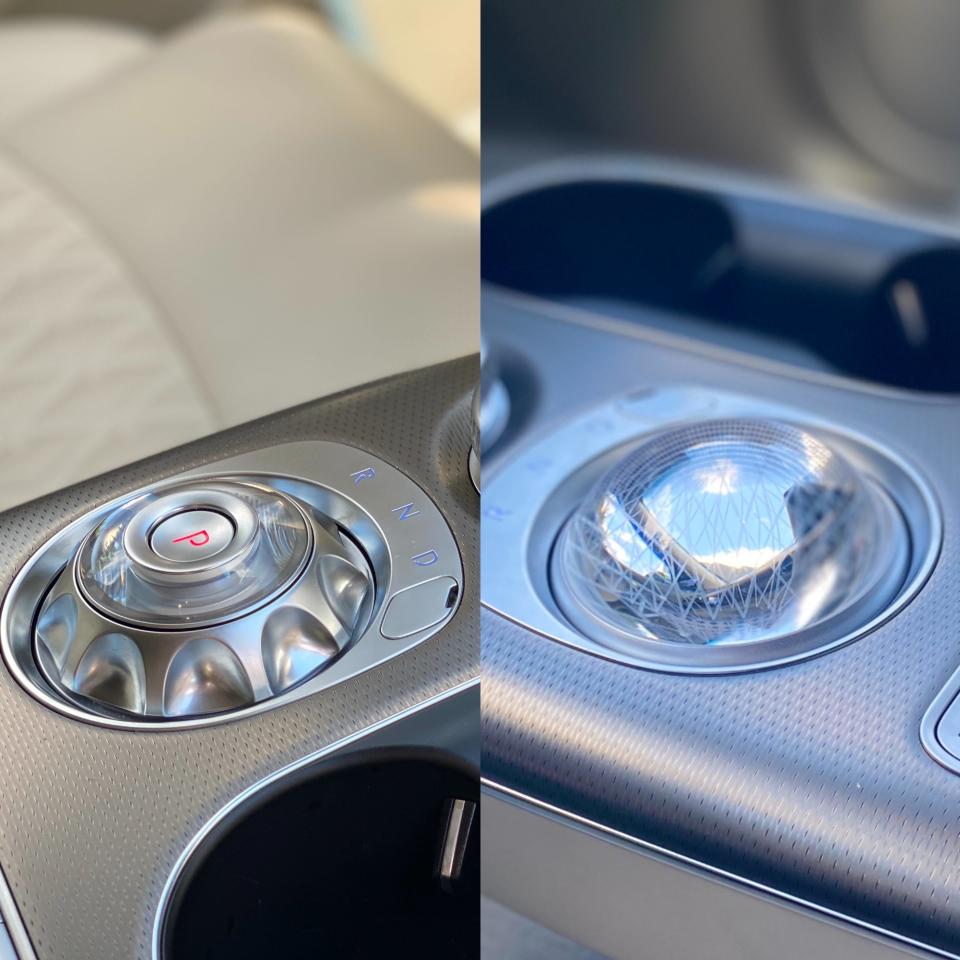 Side-by-side photos of Genesis GV60's round shifter.