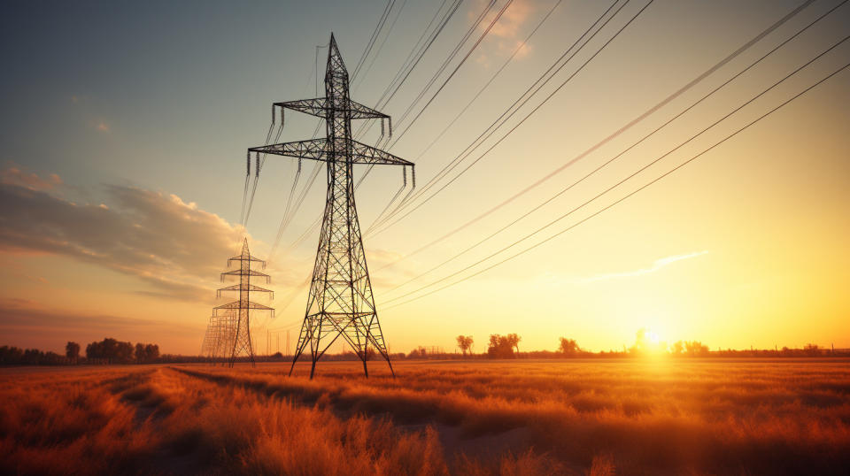 A power transmission tower with a desert sunset in the background, symbolizing power and energy.