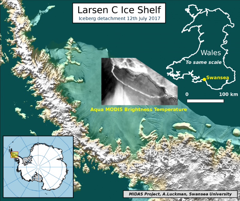 南極洲的「拉森C冰棚」（Larsen C ice shelf）局部裂解，造成史上最大的冰山之一（Project Midas）