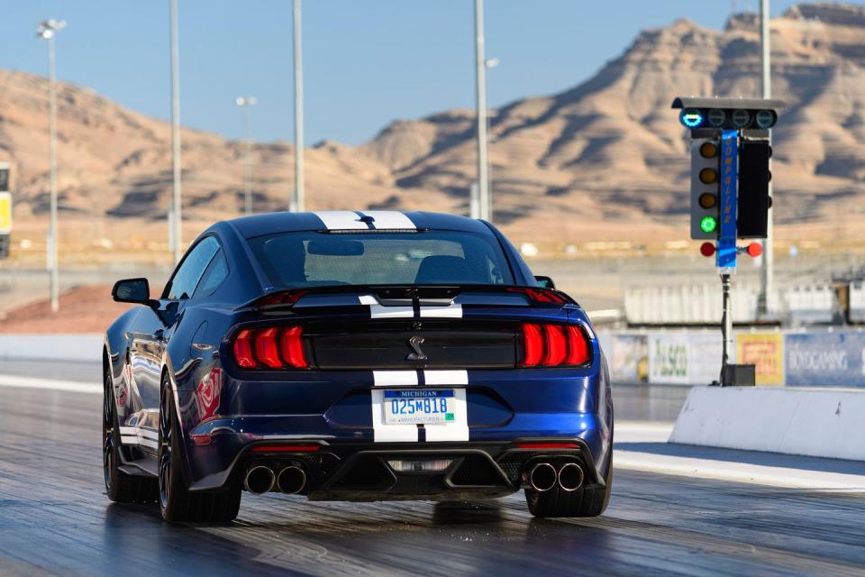<p>Ford claims the Shelby GT500 is capable of running to 60 mph in 3.3 seconds on its way to a 10.7-second quarter-mile; we think those number will be closer to 3.5 and 11.0. Ford also caps the top speed at 180 mph with a governor.</p>