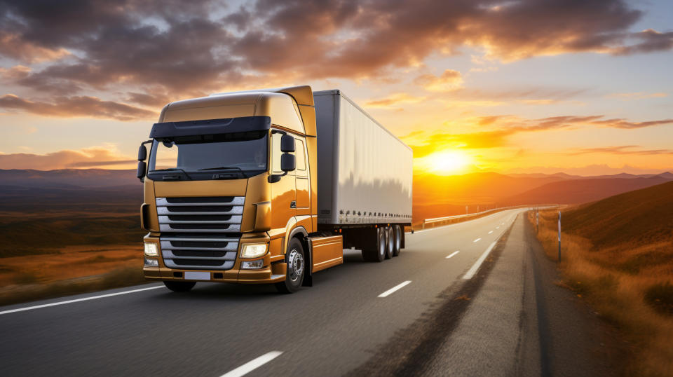 A medium-duty delivery truck on a road between two cities, symbolizing the company's commitment to transportation.