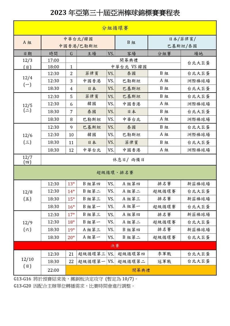 <cite>第30屆亞錦賽賽程表，賽程如有任何變動，以官方公告為準。（圖／取自拓元售票）</cite>