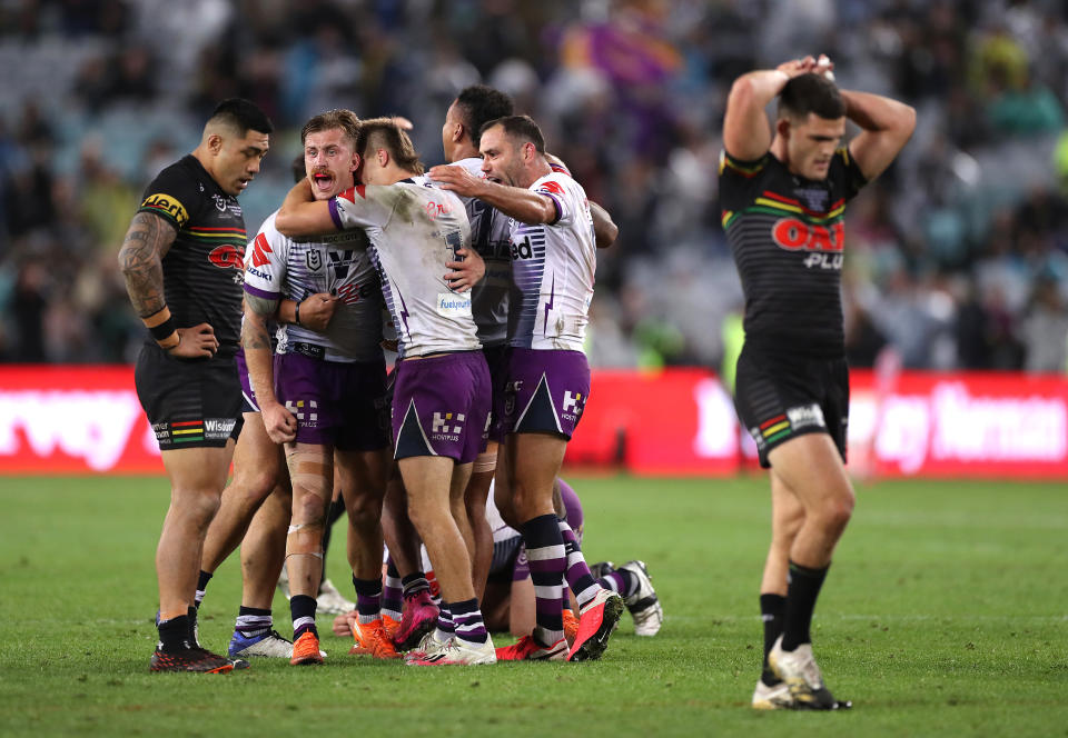 SYDNEY, AUSTRALIA - OCTOBER 25: Cameron Smith of the Storm celebrates victory during the 2020 NRL Grand Final match between the Penrith Panthers and the Melbourne Storm at ANZ Stadium on October 25, 2020 in Sydney, Australia. (Photo by Mark Kolbe/Getty Images)