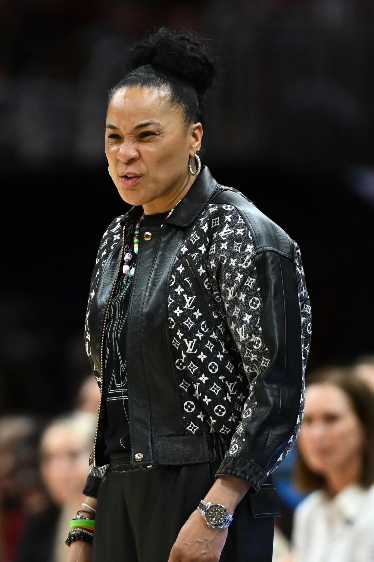 South Carolina head coach Dawn Staley reacts during Friday's national semifinal game against North Carolina State.