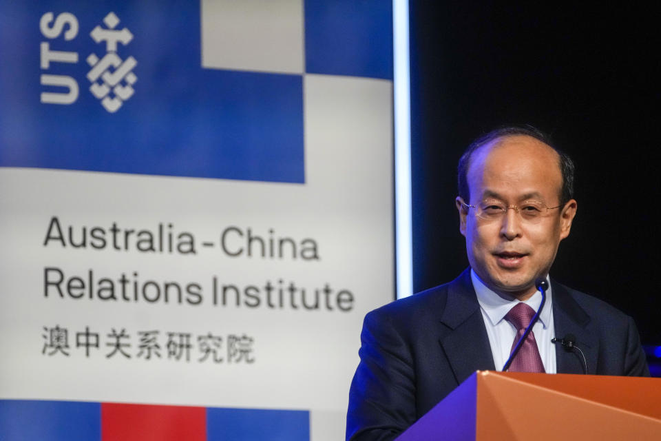 China's Ambassador to Australia, Xiao Qian gestures during his address on the state of relations between Australia and China at the University of Technology in Sydney,Australia, Friday, June 24, 2022.(AP Photo/Mark Baker)