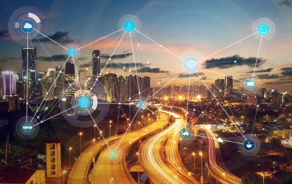 An illustration of wireless connections across a city.