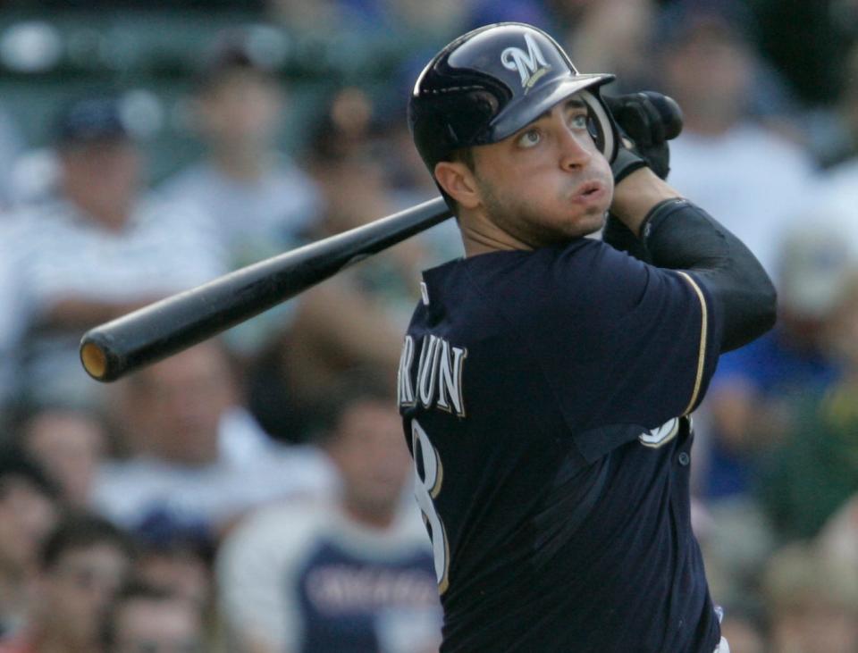 Ryan Braun hits a two-run homer during the ninth inning against the Cubs on June 30, 2007, in Chicago. It was Braun's rookie season with the Brewers.