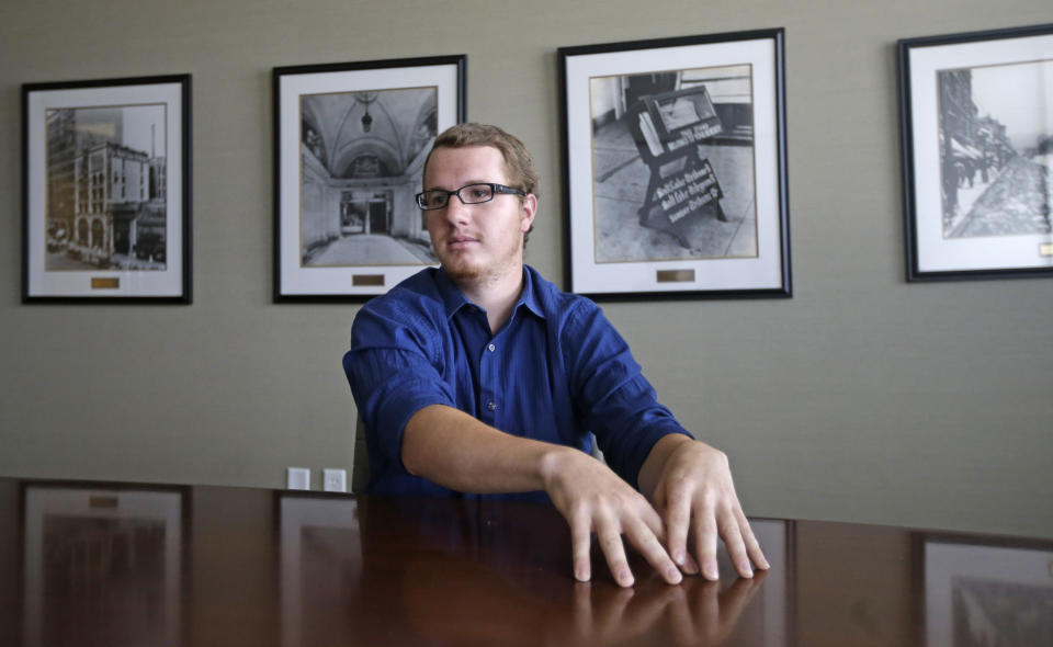 FILE - In this Oct. 2, 2015, file photo, Roy Jeffs, son of polygamist leader Warren Jeffs, speaks during an interview, in Salt Lake City. Roy Jeffs, 26-year-old man who spoke out against an infamous polygamous-sect leader who was also his father has died. Rachel Jeffs said Tuesday, June 4, 2019, her brother Roy was abused sexually and physiologically by their father Warren Jeffs and died by suicide on May 29. (AP Photo/Rick Bowmer, File)