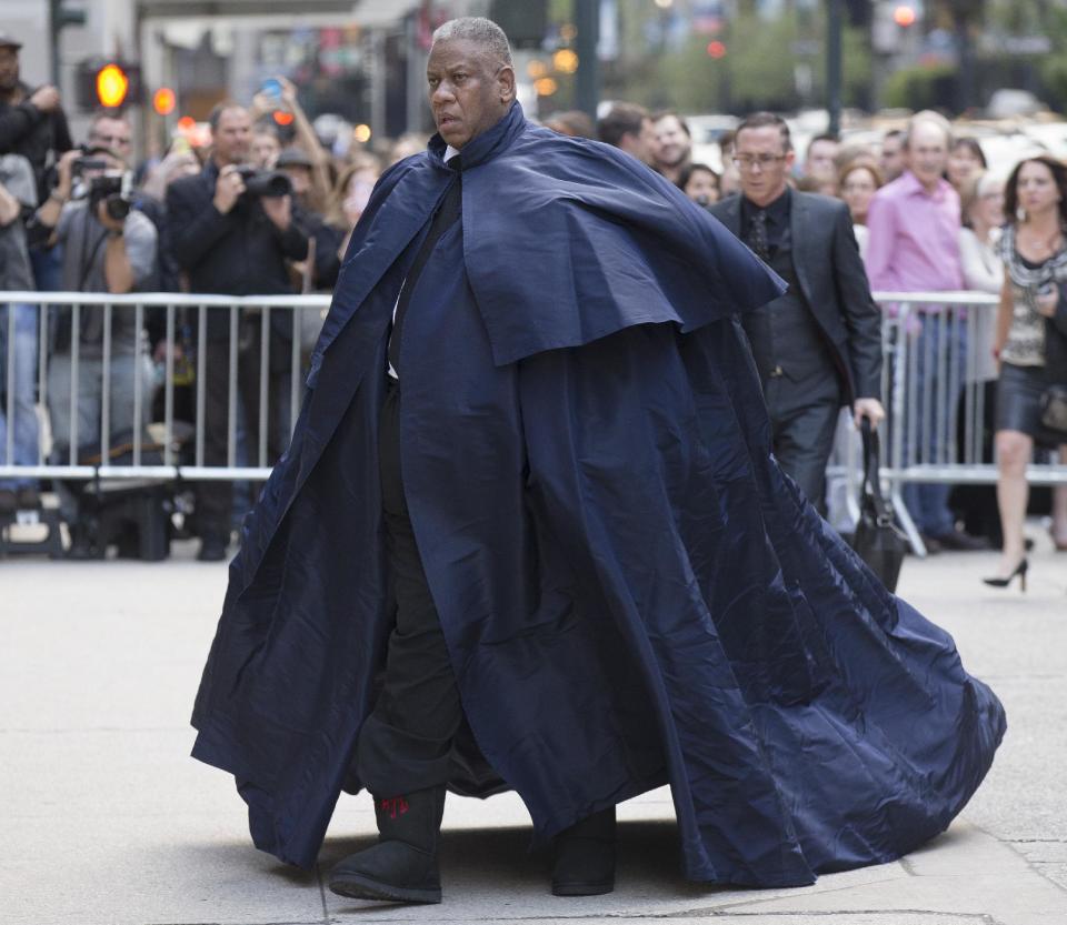 André Leon Talley arrives at St. Bartholomew's Church for a memorial service for fashion designer L'Wren Scott, Friday, May 2, 2014, in New York. Scott committed suicide on March 17 in her Manhattan apartment. (AP Photo/John Minchillo)