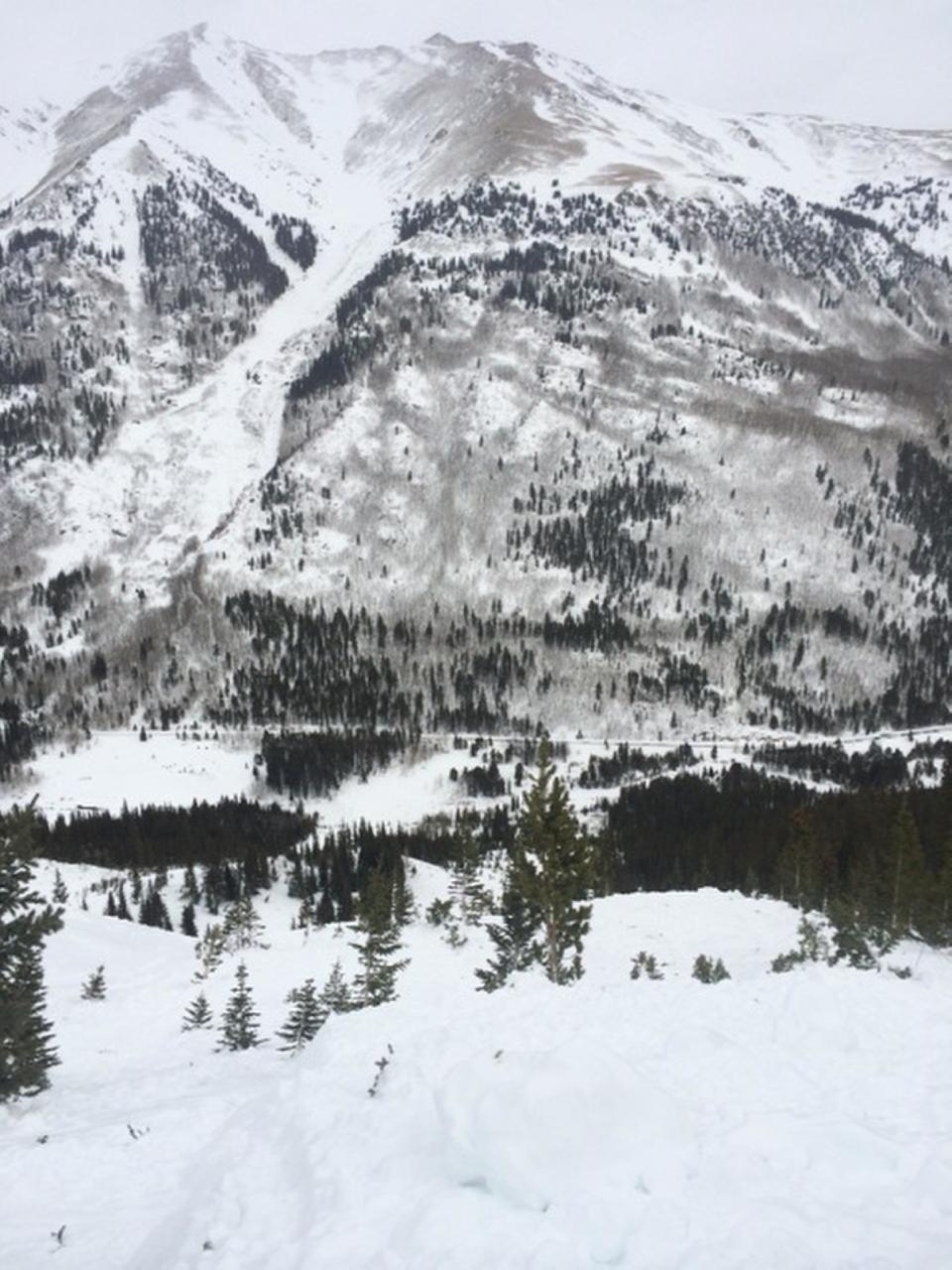 This photo released by the Colorado Avalanche Information Center show the area of an avalanche that killed two skiers on Saturday, Feb. 15, 2014. Three other skiers were hospitalized following Saturday's avalanche near Leadville, Colo. Rescue crews found the two skiers' bodies Sunday Feb. 16, near Independence Pass, about 80 miles southwest of Denver, the Lake County Sheriff's Office said. (AP Photo/Colorado Avalanche Information Center)