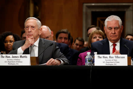 U.S. Defense Secretary James Mattis and Secretary of State Rex Tillerson testify about authorizations for the use of military force before the Senate Foreign Relations Committee on Capitol Hill in Washington, U.S. October 30, 2017. REUTERS/Jonathan Ernst