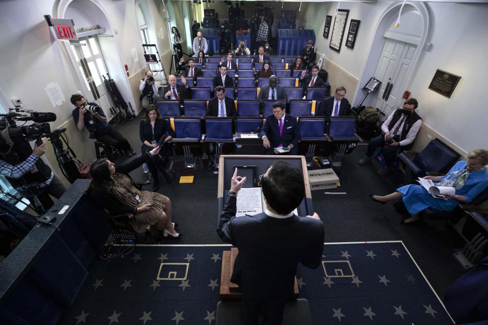 Treasury Secretary Steven Mnuchin speaks about the coronavirus in the James Brady Press Briefing Room of the White House, Tuesday, April 21, 2020, in Washington. (AP Photo/Alex Brandon)