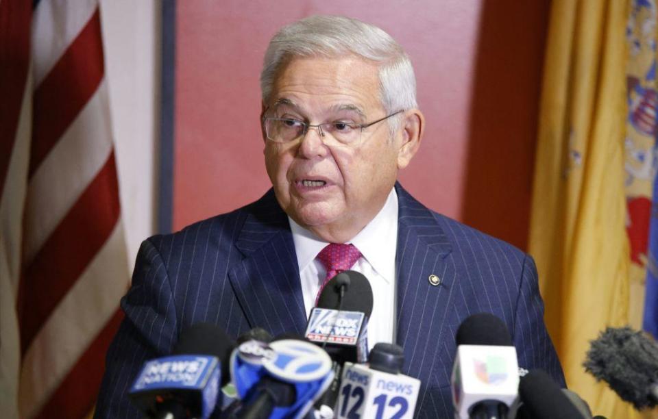 Sen. Bob Menendez speaks during a news conference in Union City, New Jersey, on Sept. 25, 2023. / Credit: KENA BETANCUR/AFP via Getty Images