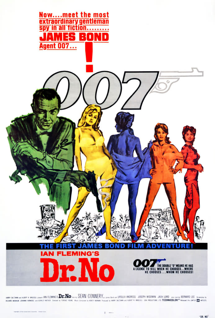 <a href="http://movies.yahoo.com/movie/dr-no/" data-ylk="slk:DR. NO;elm:context_link;itc:0;sec:content-canvas" class="link ">DR. NO</a> (1962)<br>This was the first Bond movie, and it set the template for both the films and the posters to follow. Namely: Bond, guns, women, bikinis. The illustration style seems a little crude by today's standards, but the "007" logo remains virtually unchanged five decades later.