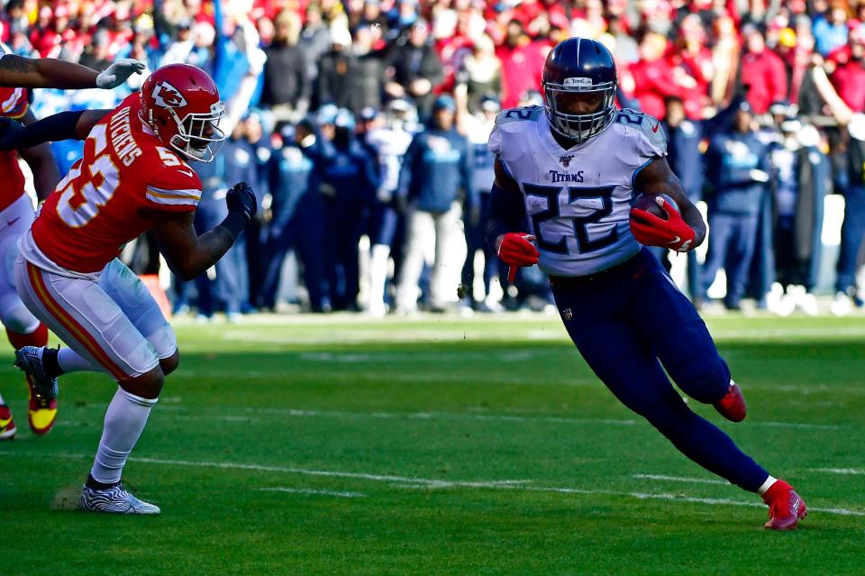 Derrick Henry in action during the AFC championship game between the Titans and Chiefs in January 2020.