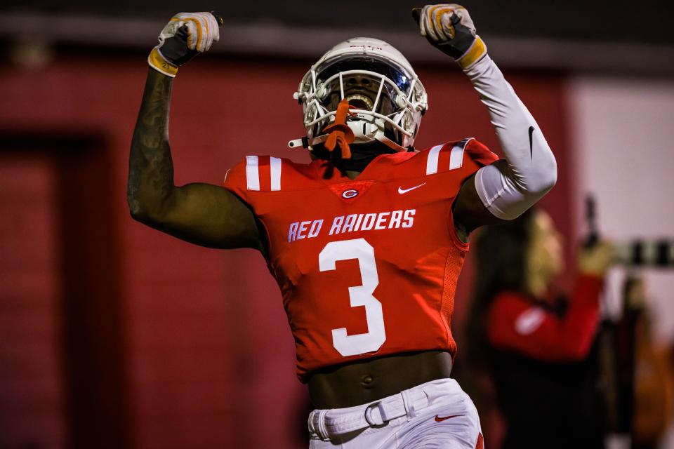 Greenville’s Mazeo "MJ" Bennett (3) celebrates . Greenville played Northwestern at Greenville in high school football on Friday, Nov. 25, 2022 at Greenville High school