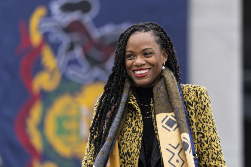 FILE - Rep. Summer Lee, D-Pa., arrives for Democratic Gov. Josh Shapiro's Inauguration Jan. 17, 2023, at the state Capitol in Harrisburg, Pa. (AP Photo/Matt Rourke, File)