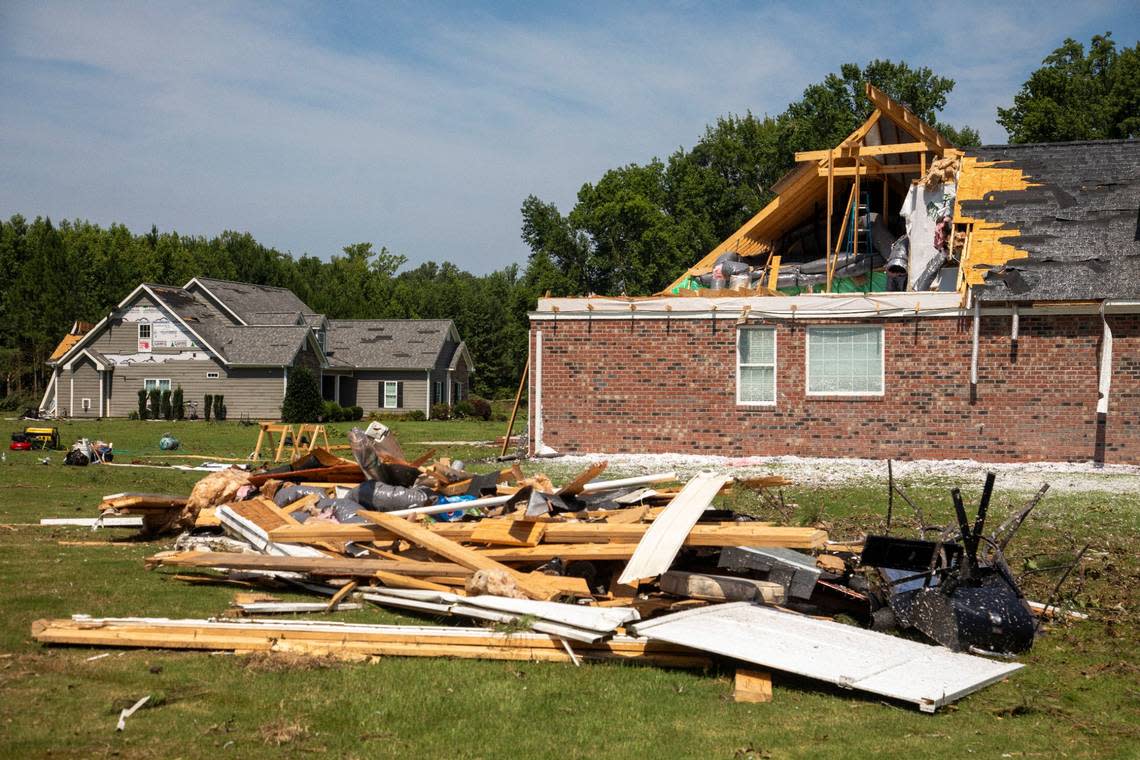 Heavily damaged homes on Great Glen in the Belmont Lakes Country Club community in Rocky Mount Thursday, July 20, 2023. An EF3, tornado with wind speeds of 150 mph touched down in Nash County Wednesday around 12:30 p.m. Wednesday according to the Raleigh National Weather Service.. Travis Long/tlong@newsobserver.com