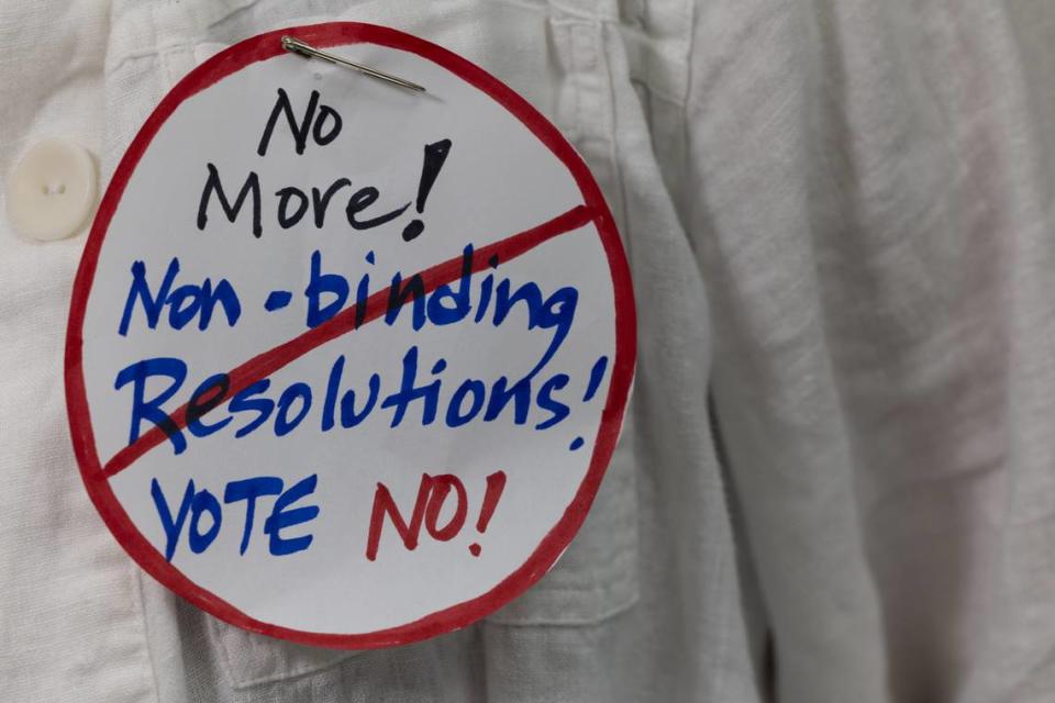 Andrea Smith of Edwardsville, Ill. wears a pin reading “no more non-binding resolutions” to a Madison County Board meeting at the Madison County Administration Building on April 17, 2024.