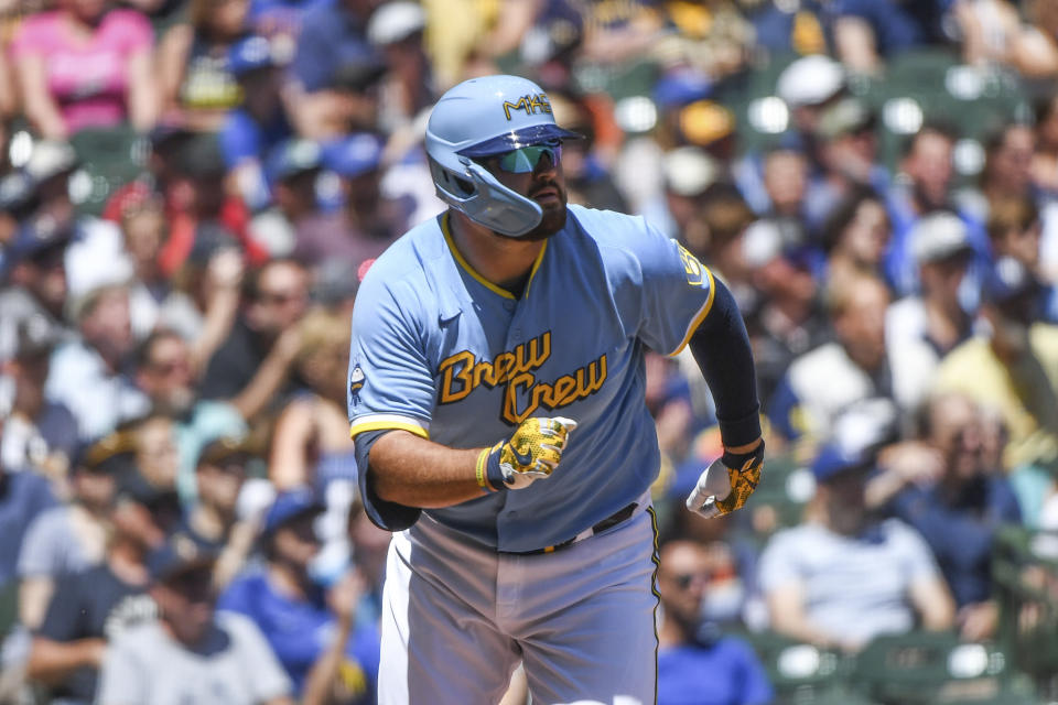 Milwaukee Brewers' Rowdy Tellez watches his second home run during the second inning of a baseball game against the Toronto Blue Jays, Sunday, June 26, 2022, in Milwaukee. (AP Photo/Kenny Yoo)