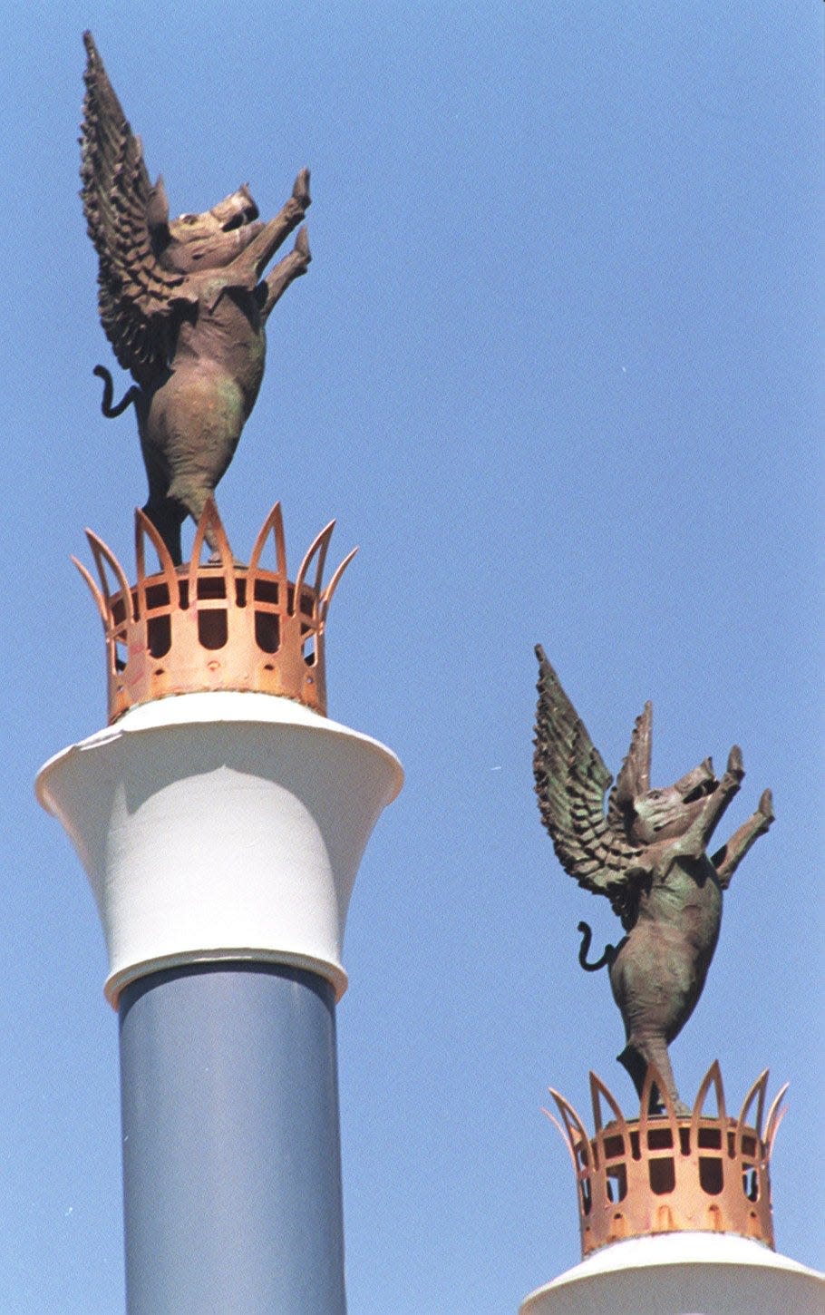 The flying pigs at the entrance of Bicentennial Park at Sawyer Point honor Cincinnati's past as "Porkopolis."