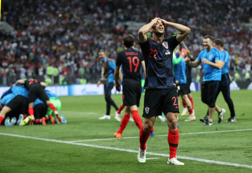 <p>Josip Pivaric celebrates as Croatia go through to their first ever World Cup final </p>