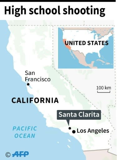 Map locating Santa Clarita near Los Angeles in California where a shooting occurred at a high school on Thursday