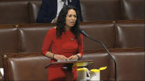 FILE - In this image from video, Rep. Xochitl Torres Small, D-N.M., speaks on the floor of the House of Representatives at the U.S. Capitol in Washington, Thursday, April 23, 2020. The U.S. Chamber of Commerce has decided to endorse 23 freshmen House Democrats in this fall’s elections. The move represents a gesture of bipartisanship by the nation's largest business organization, which has long leaned strongly toward Republicans. (House Television via AP)