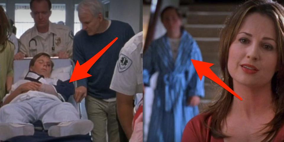 arrow pointing at dylan in the hospital in cheaper by the dozen and arrow pointing at dylan in his house in the movie