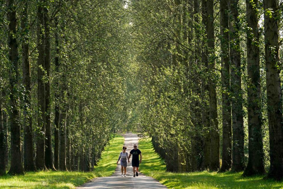 <p>People walk by Umberslade Farm in Tamworth in Arden, Warwickshire, during morning sunshine. Picture date: Wednesday August 4, 2021.</p>
