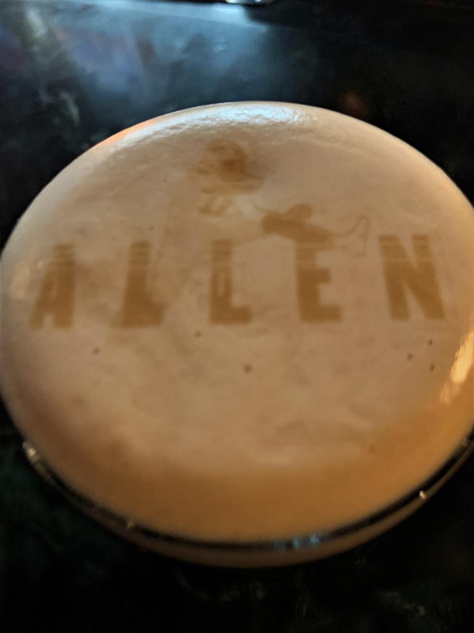 Josh Allen hurdles his name in a malt image imprinted in the foam atop a pint of Guiness at Bar-Bill Tavern in East Aurora, New York on Jan. 28, 2022. Allen, a regular at the restaurant not from HIghmark Stadium, has fans eager to buy him his next beer.