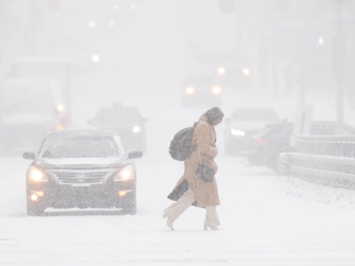 A pedestrian makes their way across an intersection as a blast of snow moves through Ottawa Tuesday.  (Adrian Wyld/The Canadian Press - image credit)