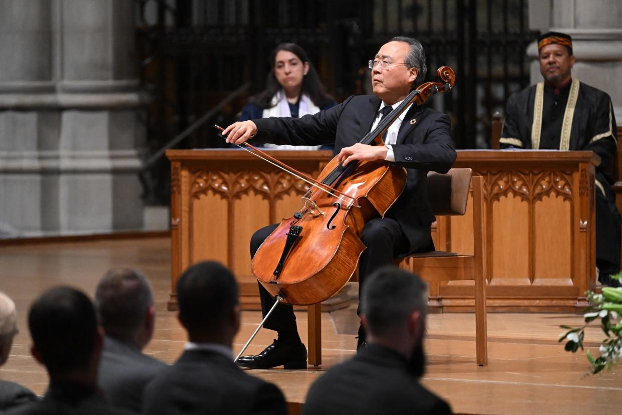 American cellist Yo-Yo Ma performs during an interfaith memorial service for the seven World Central Kitchen (WCK) workers.