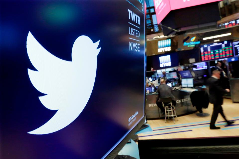 Twitter logo at the New York Stock Exchange on Feb. 8, 2018.