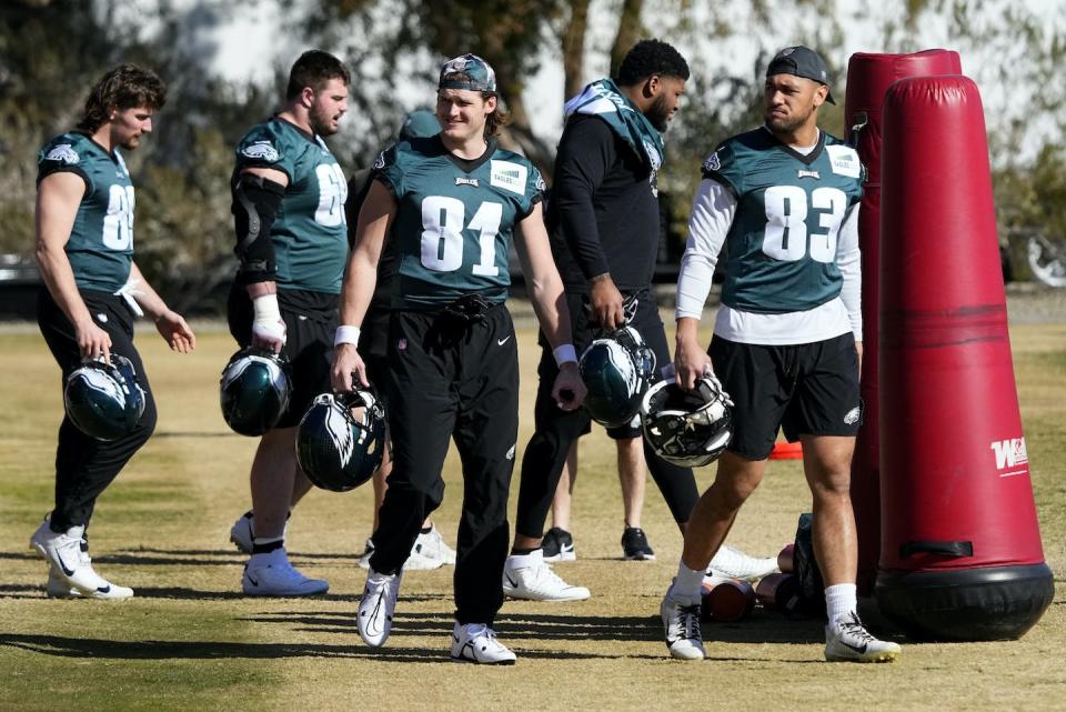 The Super Bowl is more than a game: it's a spectacle. The Philadelphia Eagles who face the Kansas City Chiefs in Super Bowl LVII Sunday arrive for an NFL Super Bowl practice. (AP Photo/Matt York)