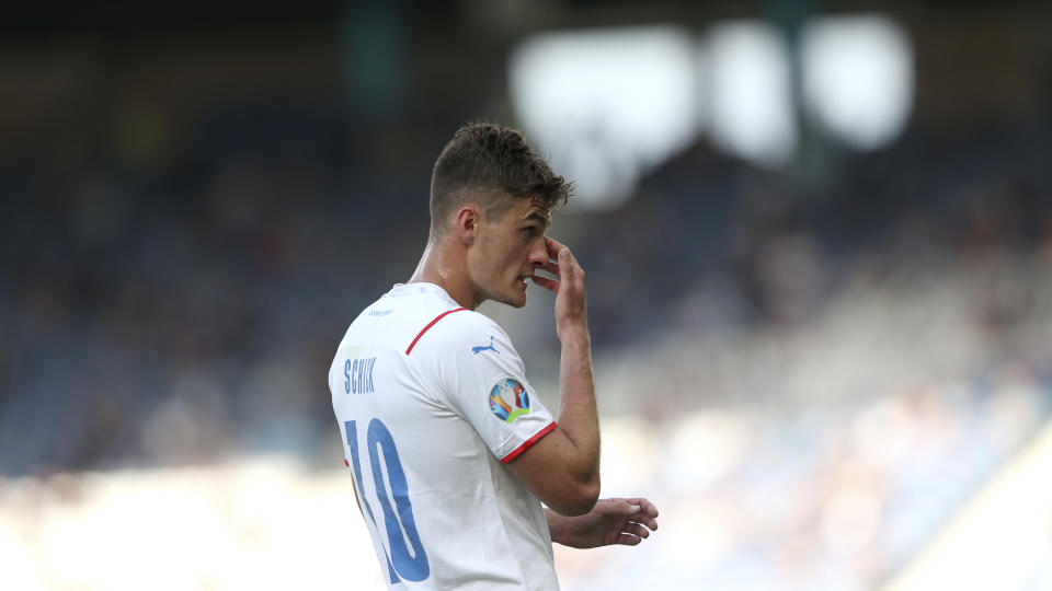 Czech Republic's Patrik Schick touches his nose during the Euro 2020 soccer championship group D match between Croatia and the Czech Republic at the Hampden Park stadium in Glasgow, Friday, June 18, 2021. (Robert Perry, Pool via AP)