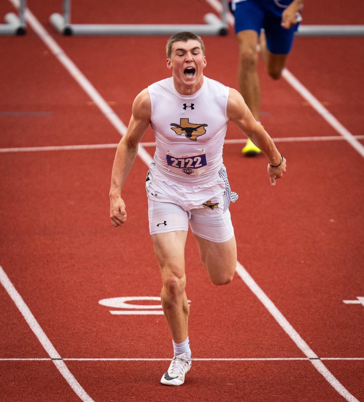 Gordon's Stryker Reed crosses the line to win the 110-meter hurdles at the 1A UIL State track and field meet, Saturday, May 4, 2024, at Mike A. Myers Stadium in Austin.