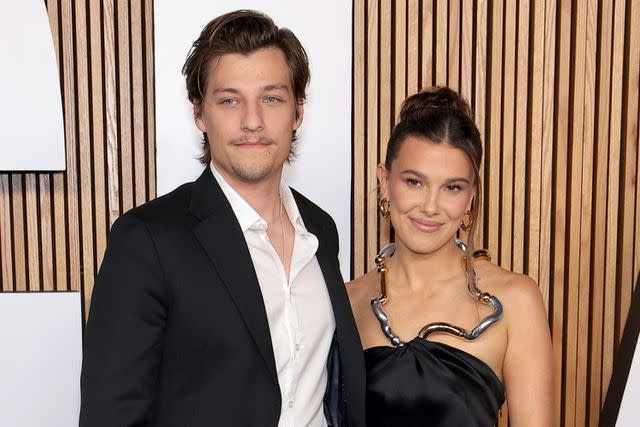 <p>Dimitrios Kambouris/Getty</p> Jake Bongiovi and Millie Bobby Brown, November 2023