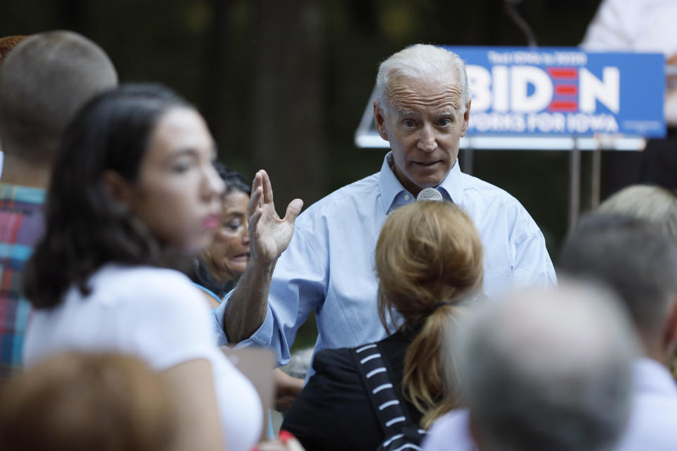 Former Vice President and Democratic presidential candidate Joe Biden speaks during a house party at former Agriculture Secretary Tom Vilsack's house, Monday, July 15, 2019, in Waukee, Iowa. (AP Photo/Charlie Neibergall)